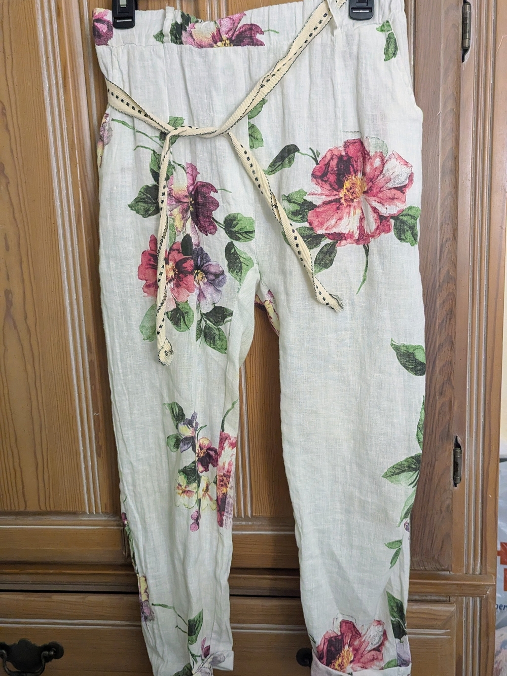 Floral Linen Drawstring Pants - Cream with Pink & Green